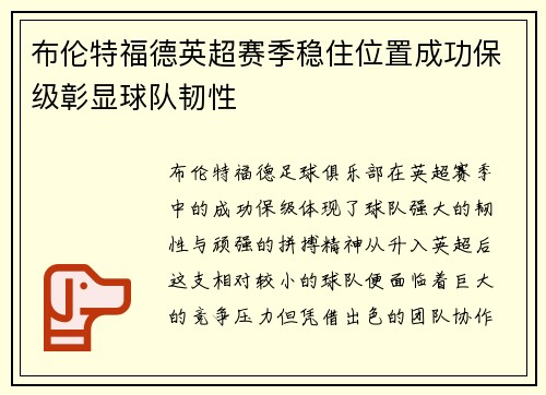 布伦特福德英超赛季稳住位置成功保级彰显球队韧性 布伦特福德英超赛季稳住位置成功保级彰显球队韧性